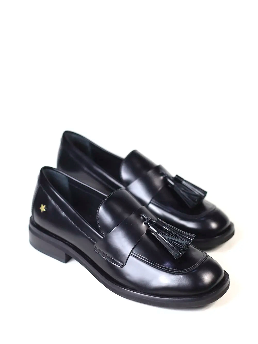 Black Leather Loafer with Fringe Detail