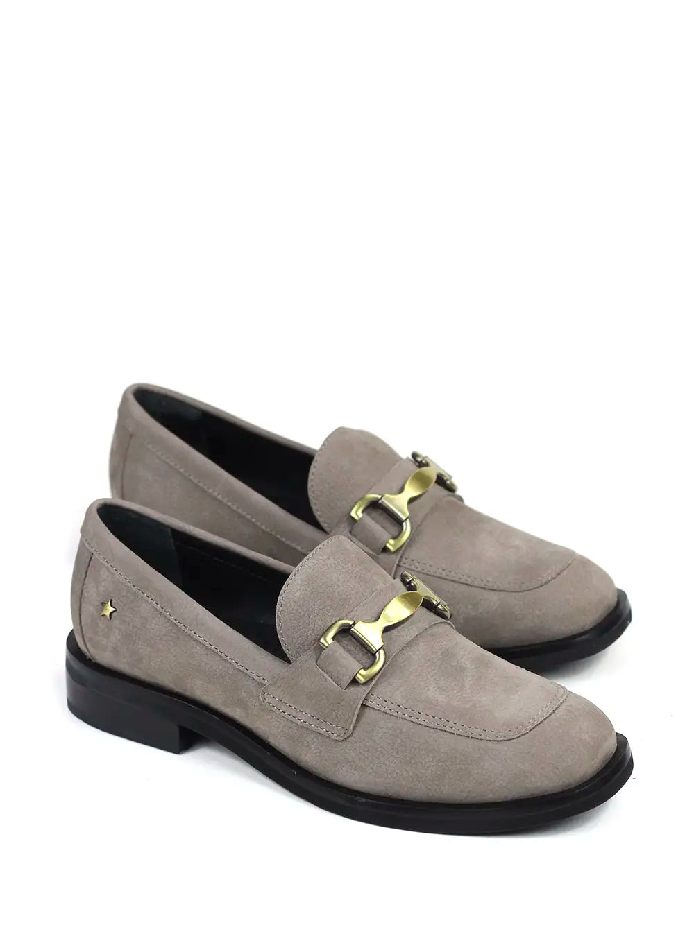 Grey Leather Loafers with Gold Detail