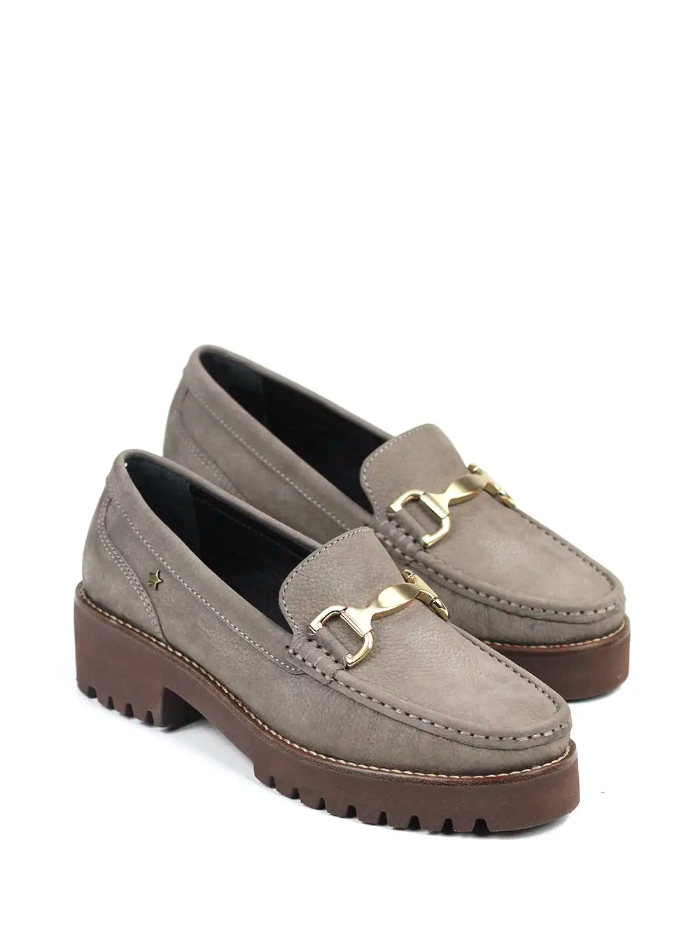 Grey Leather Loafers with Cleated Soles
