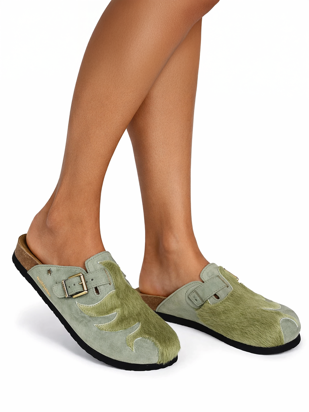 Maria Green Suede and Fur Sandals