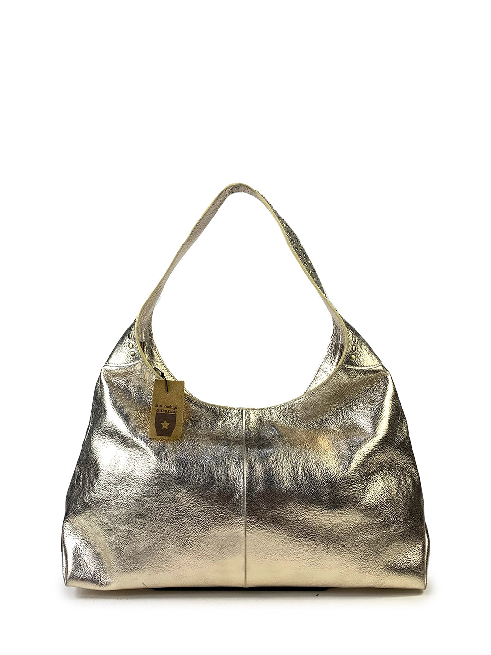 Bolso de hombro dorado y bandolera